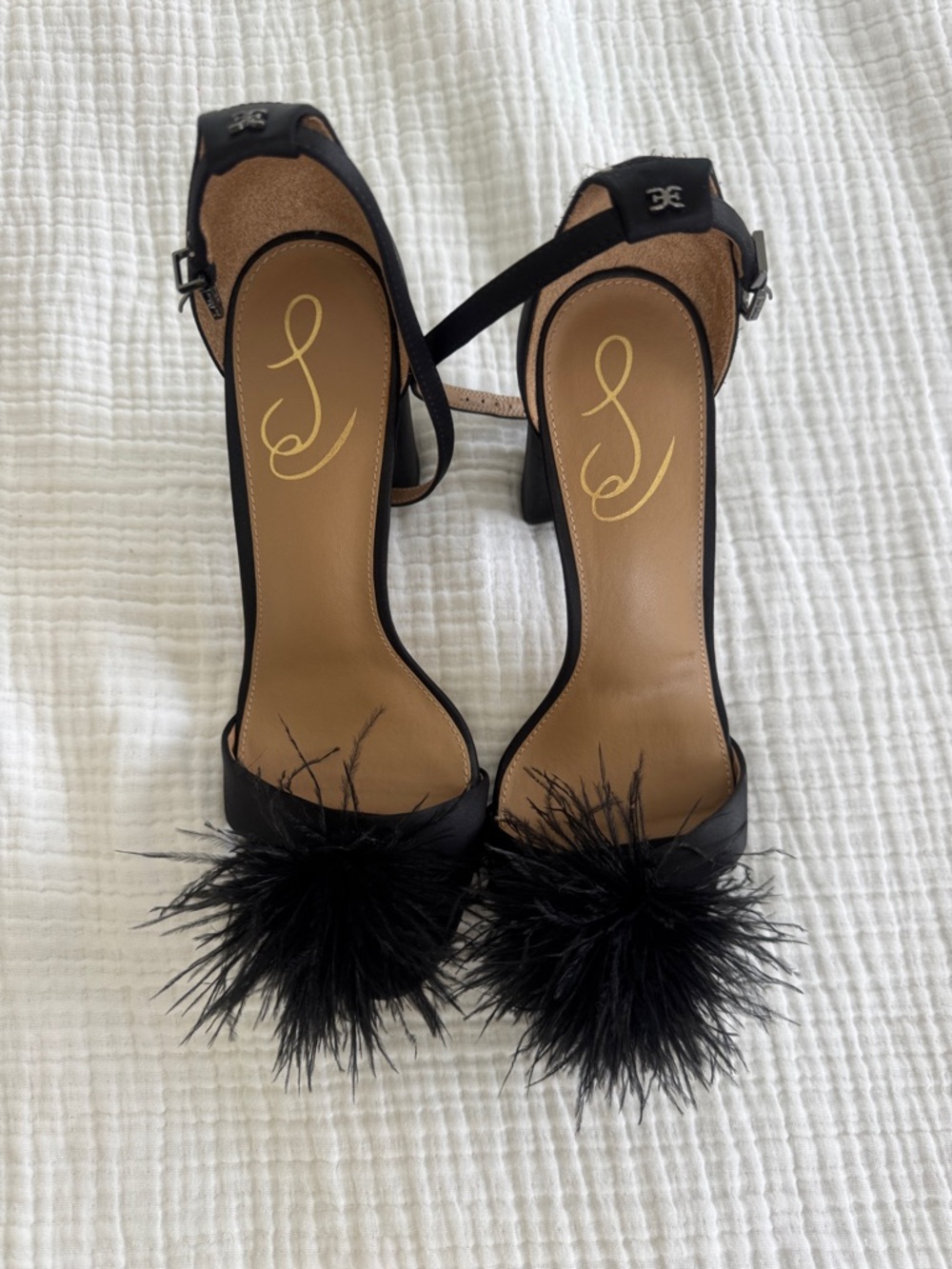 Sam Edelman Black Feather Pom-Pom Ankle Strap Heels
